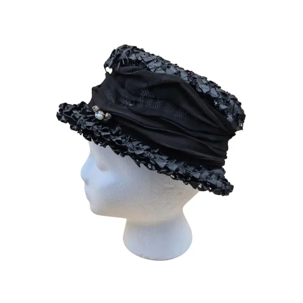 Vintage Womens Black Straw Trilby Hat with Pearl & Rhinestone Pin Accent Small